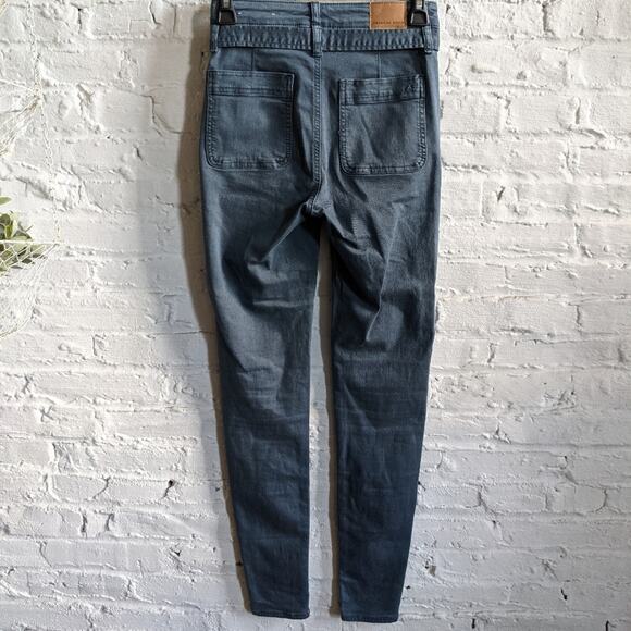 Y2K Minimalist High Waist Denim Dark Academia Super Stretch Belted Button Jeans - Picture 3 of 5